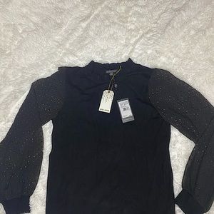 NWT Black Adrianna Papell light sweater with sheer sleeves and gold accents